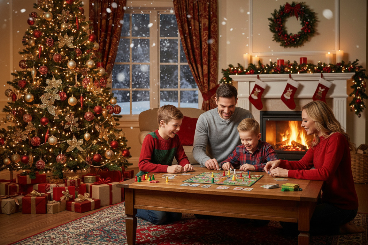 Сім’я грає у настільну гру біля ялинки