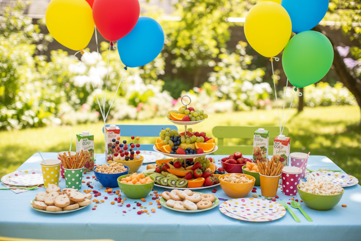 Дитячий святковий стіл з фруктами та простими закусками