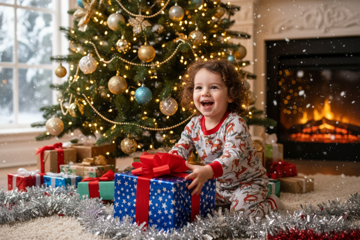 Дитина кладе подарунок під ялинку та радіє