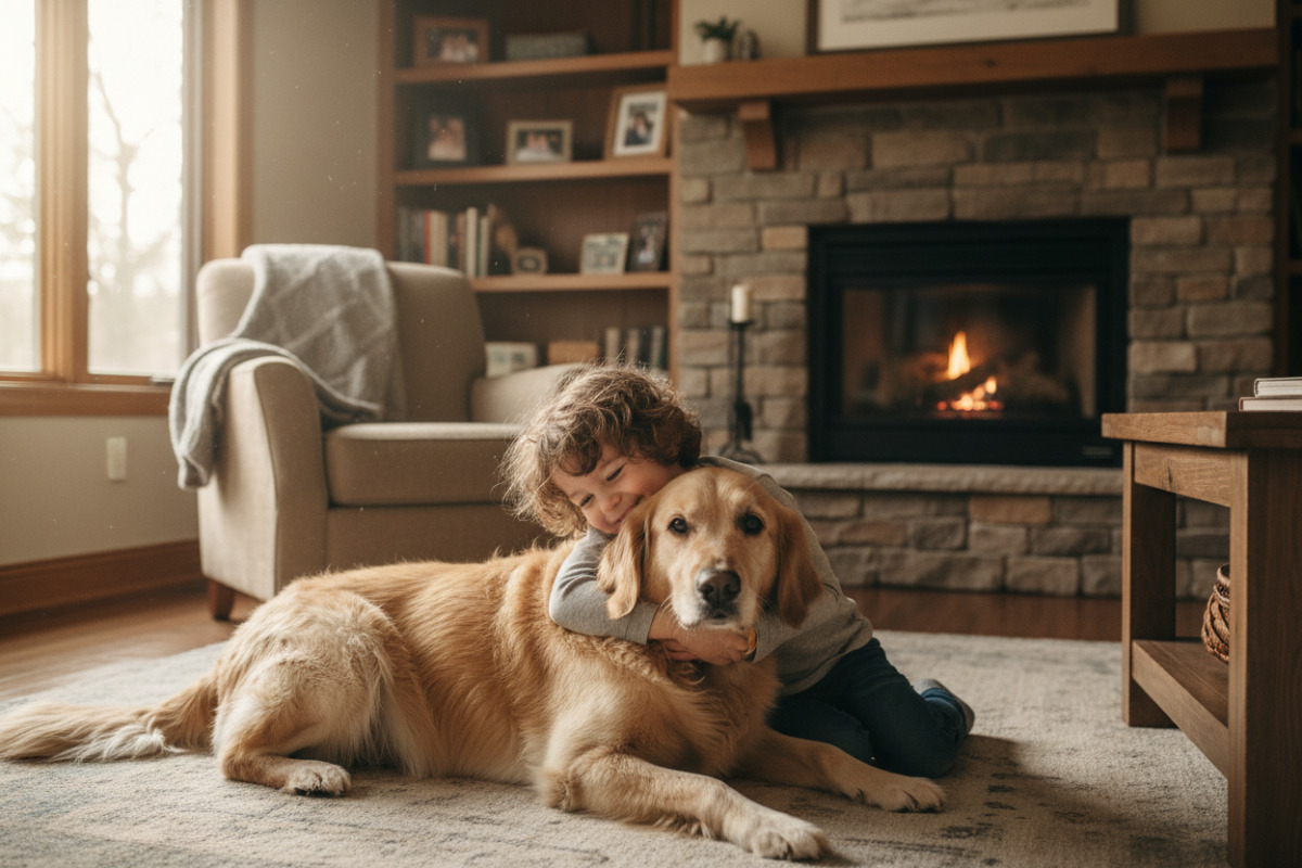 дитина обіймає собаку вдома