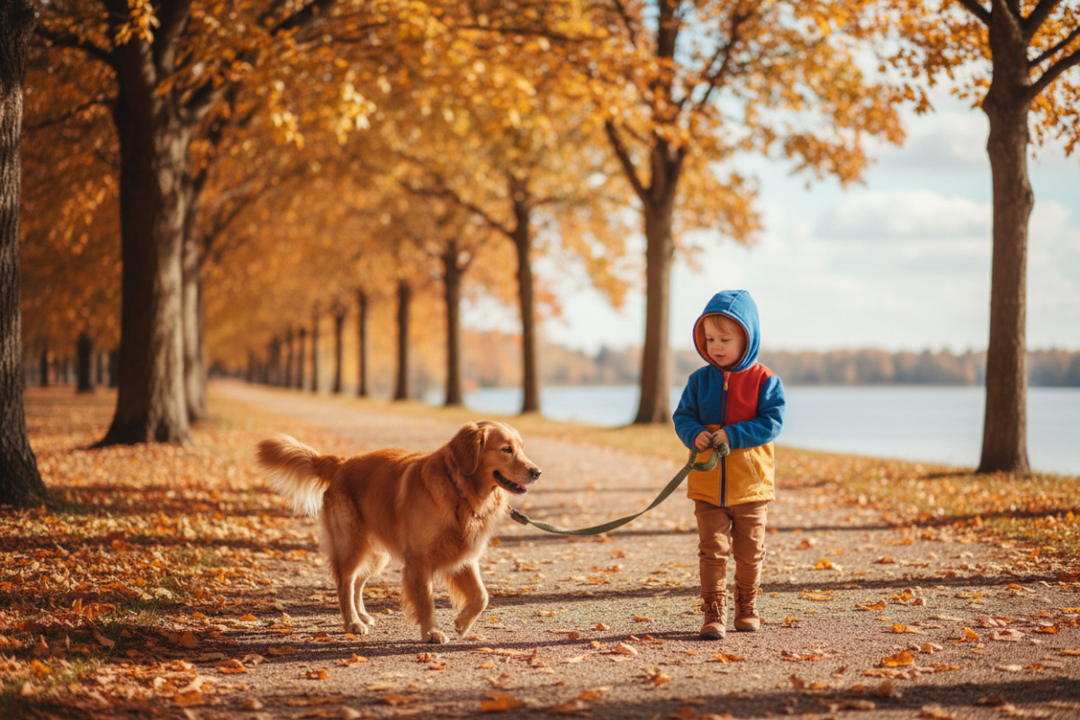 дитина з повідцем і собакою на прогулянці