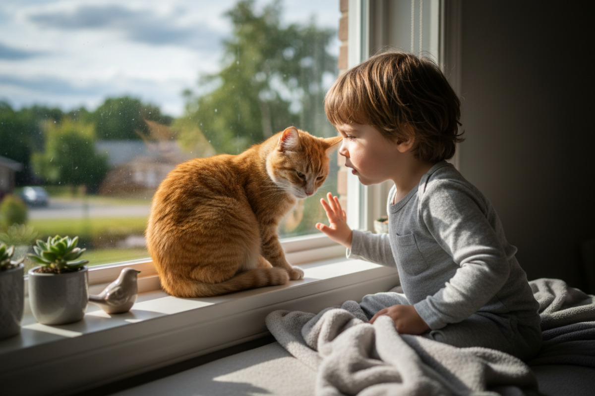 дитина уважно спостерігає за котом біля вікна