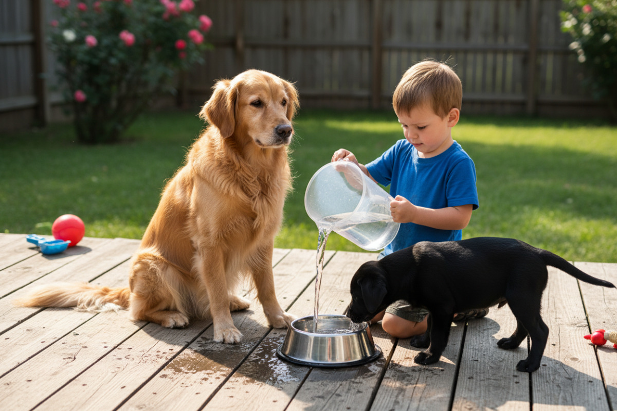 Дитина наливає воду у миску собаці