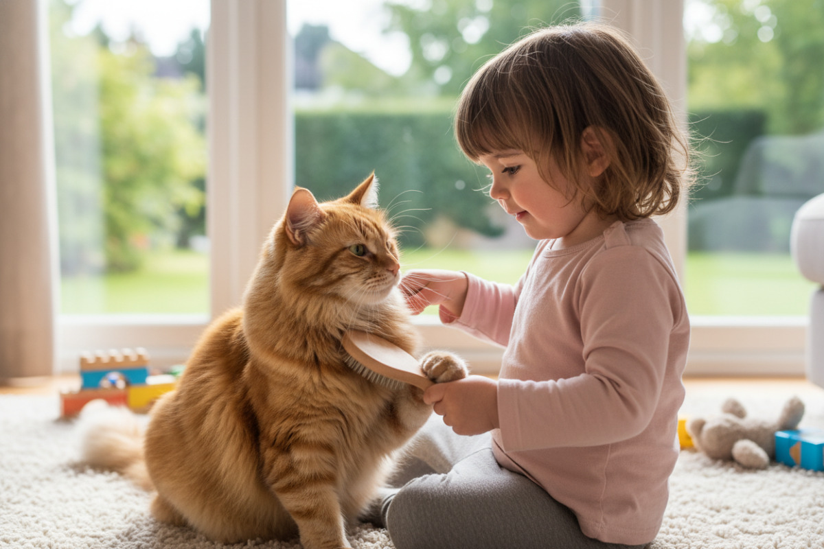 Дитина розчісує кота і спостерігає за його реакцією