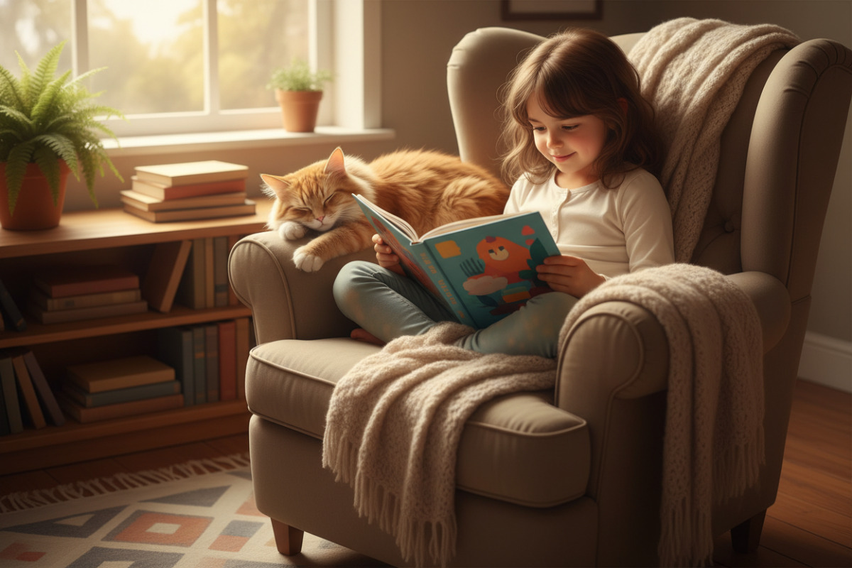 Дитина читає книжку поруч із котом у спокійному куточку