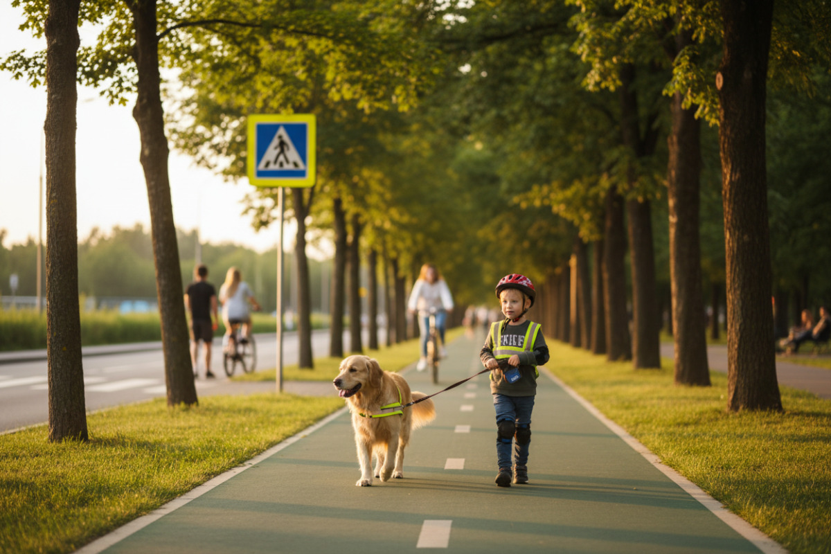 Дитина гуляє з собакою та дотримується правил безпеки