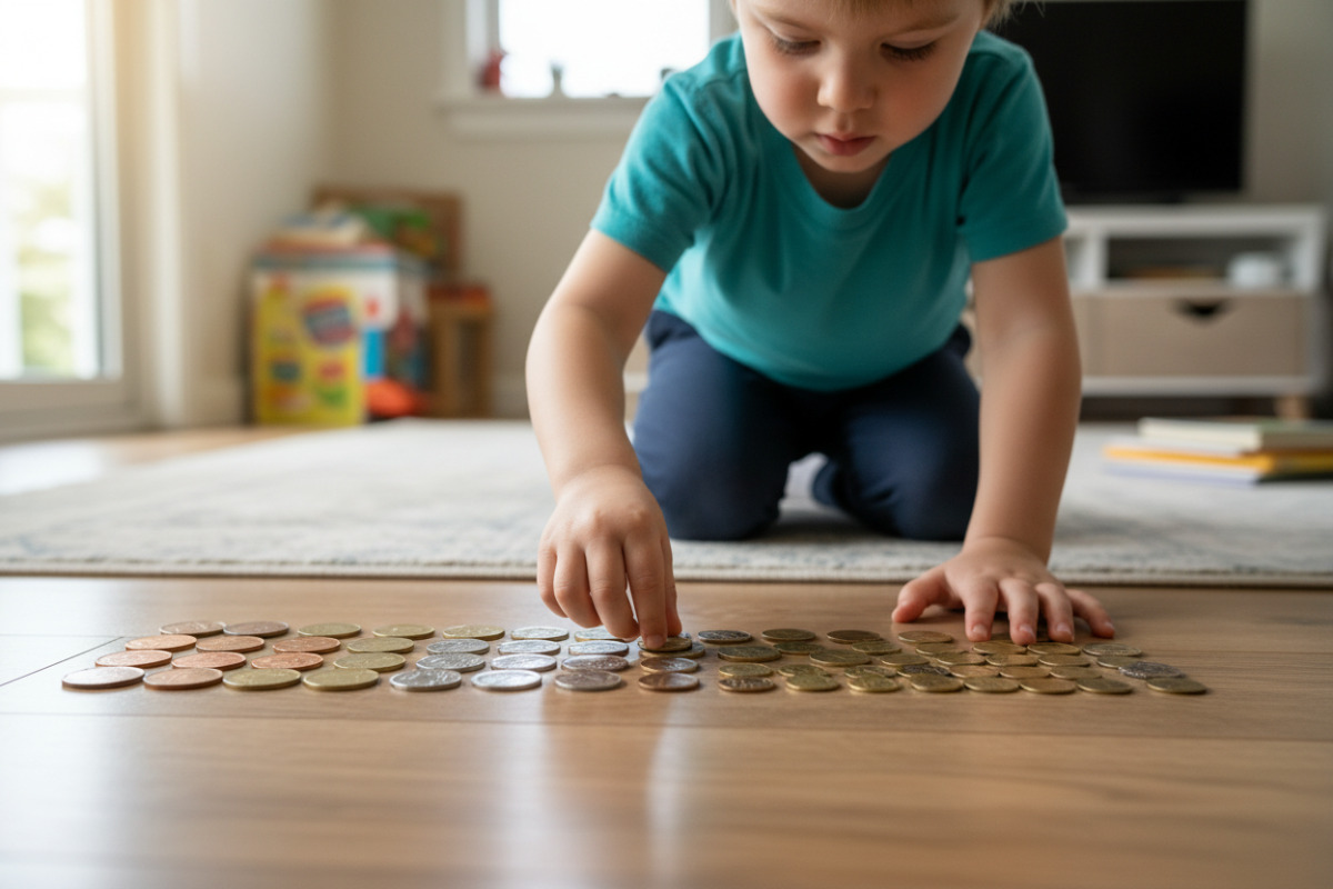 дитина викладає монетки у два ряди для порівняння