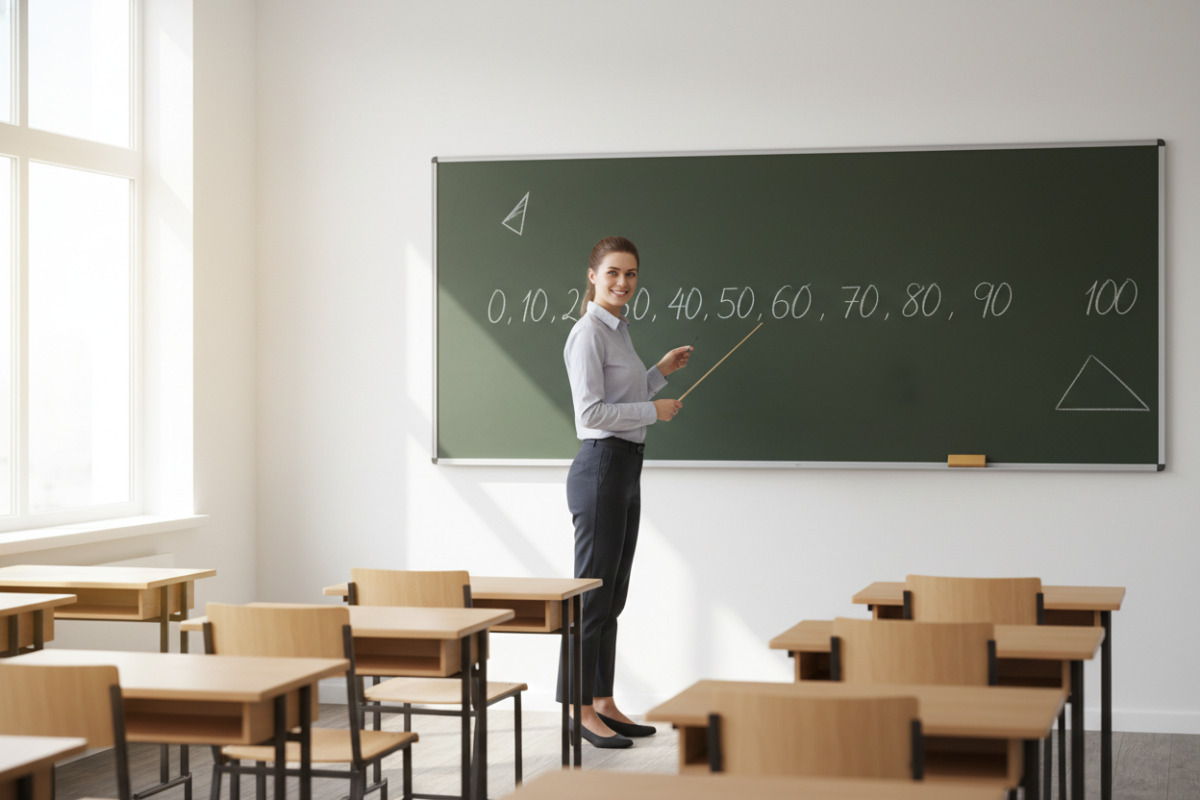 вчителька показує на числовий ряд на дошці