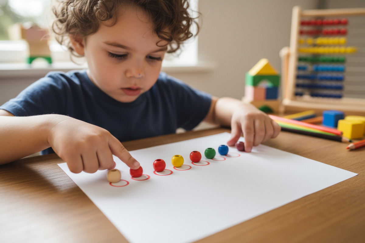 дитина рахує предмети і ставить крапки для кожного числа