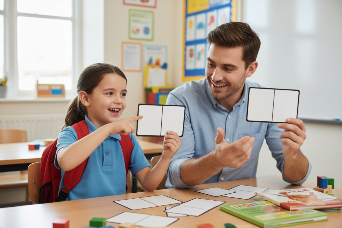 першокласник читає складові картки з дорослим