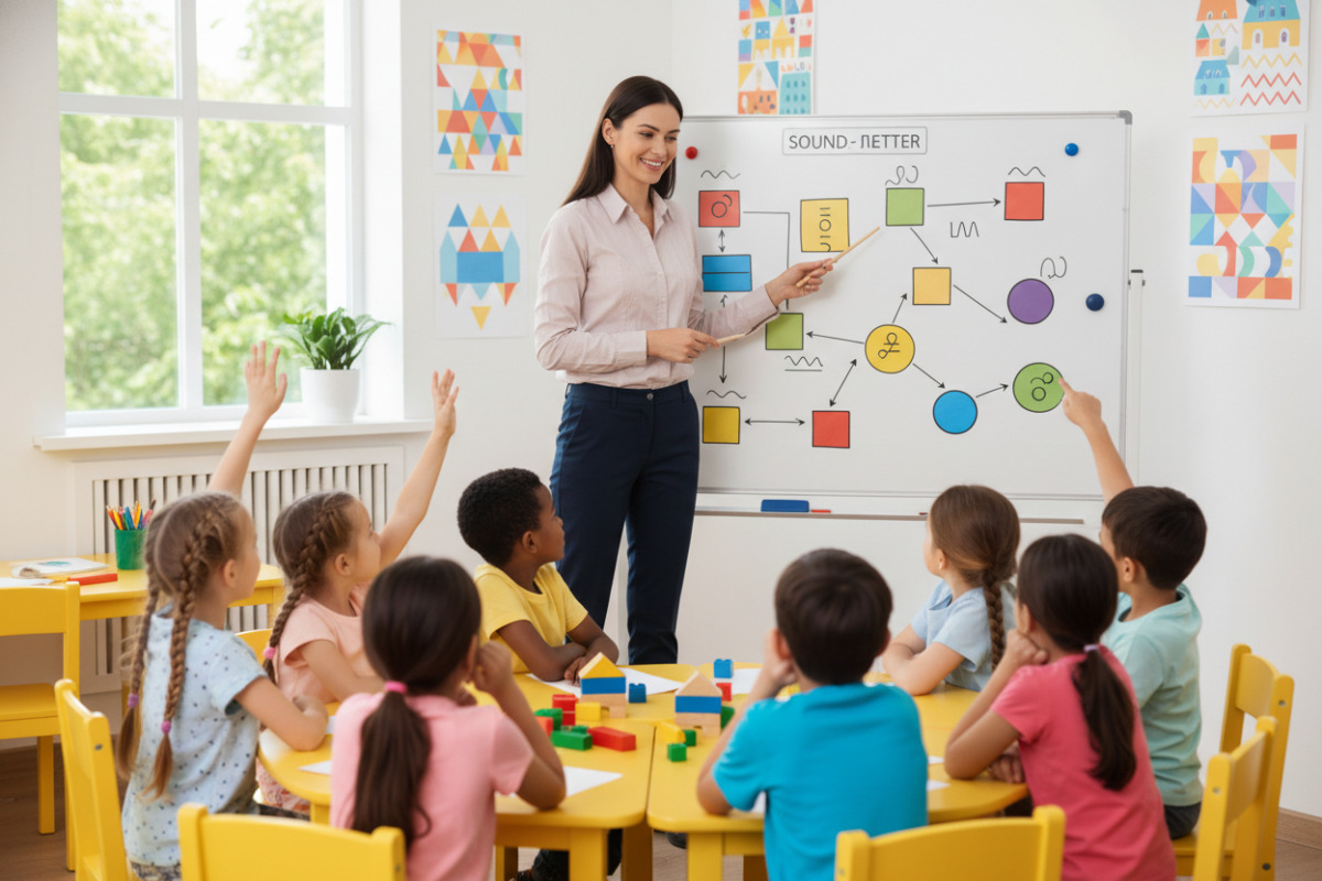 вчителька показує дітям схему звук-буква