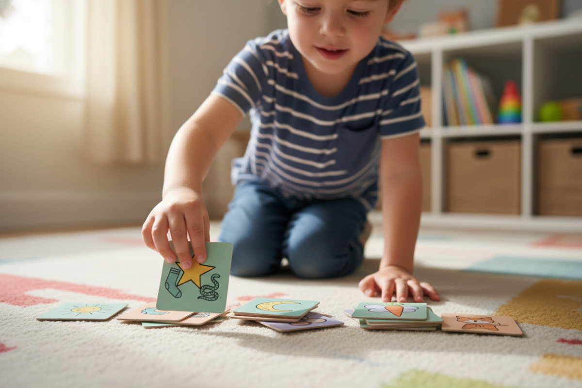 дитина сортує картки зі словами за першими звуками