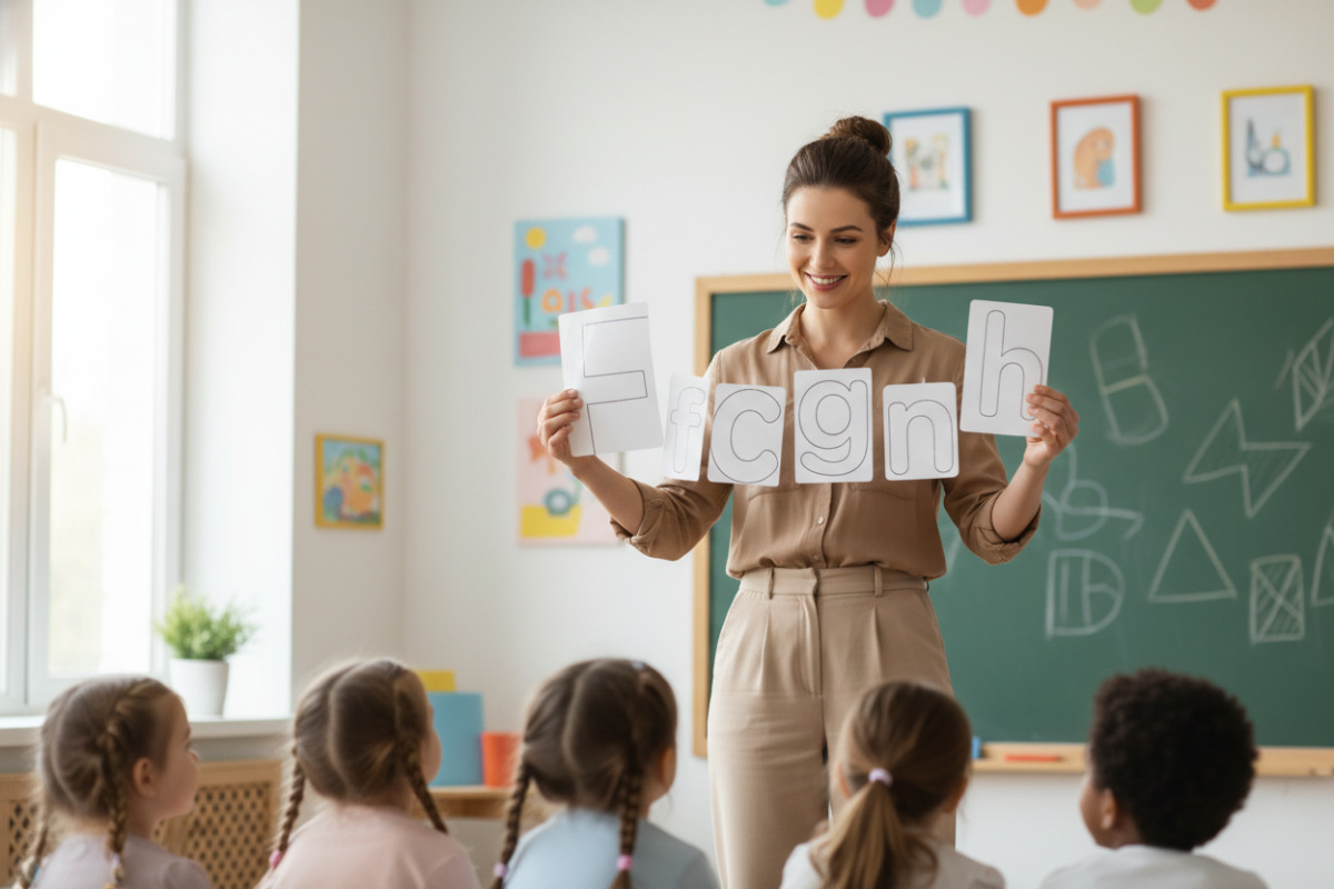 Вчителька показує картки з великими і малими літерами