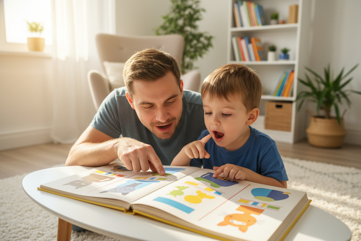 Батько й дитина читають короткі слова по складах