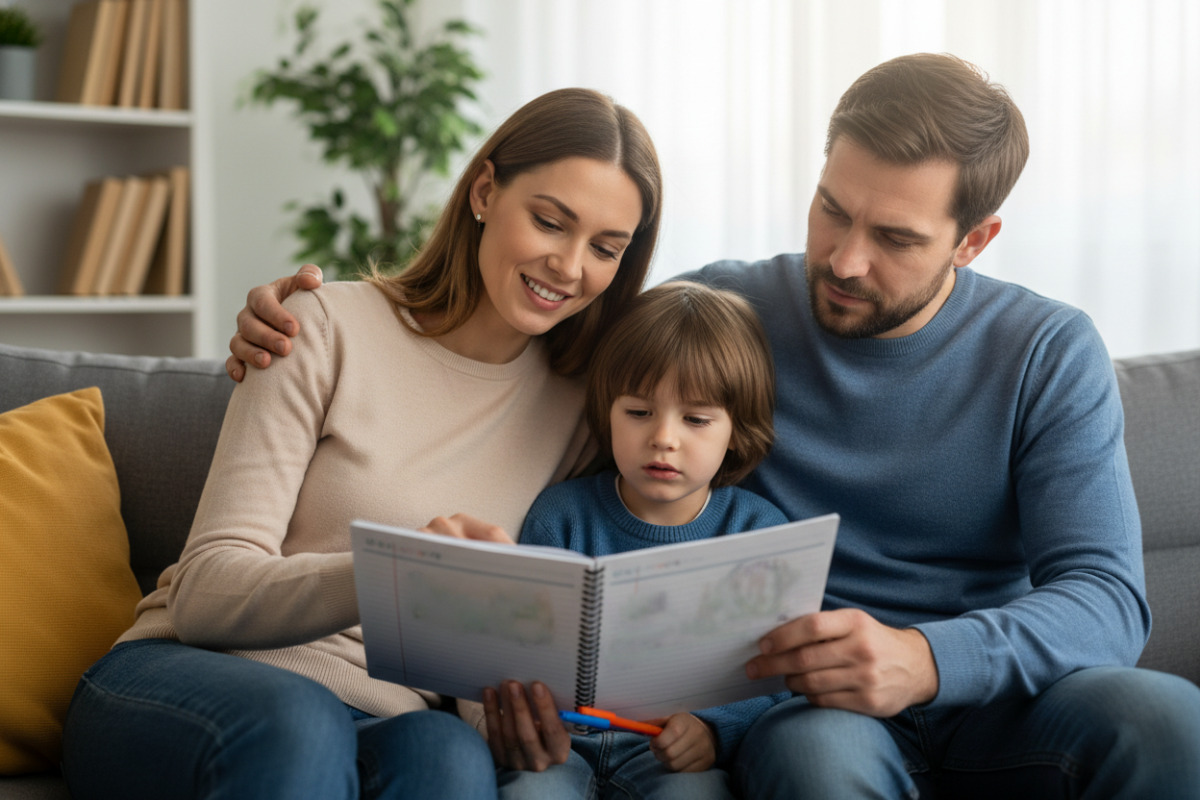 батьки разом з дитиною переглядають шкільний щоденник