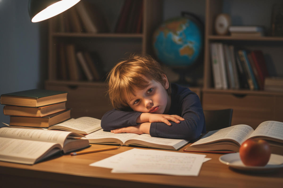 дитина втомлено сидить за столом з підручниками