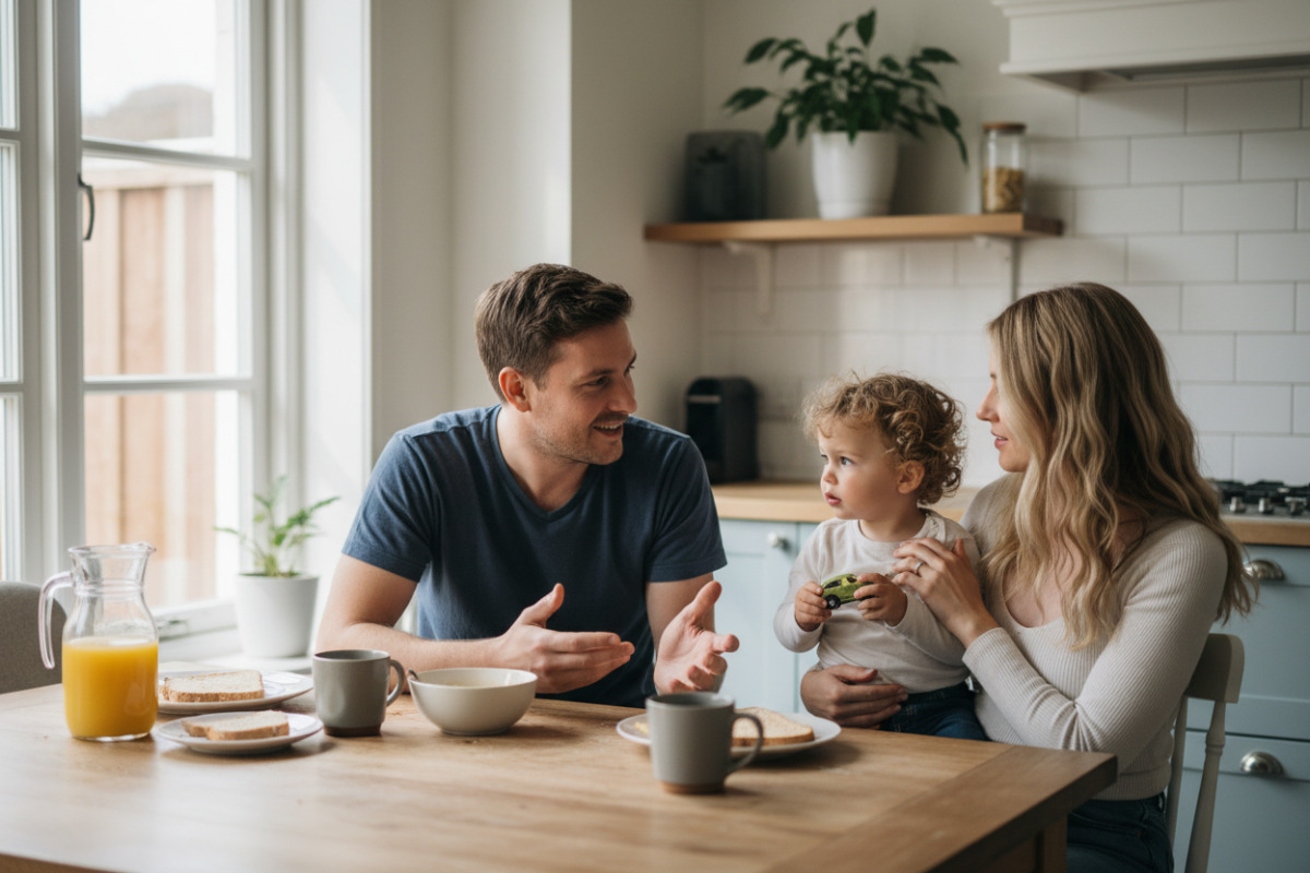 батьки розмовляють з дитиною за кухонним столом