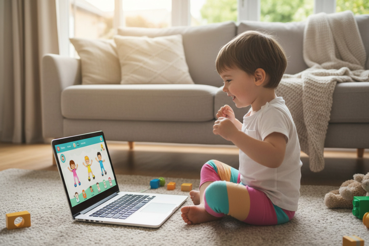 дитина виконує короткі вправи на ноутбуці вдома