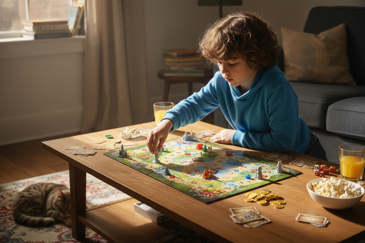 дитина 7–8 років грає в настільну гру вдома