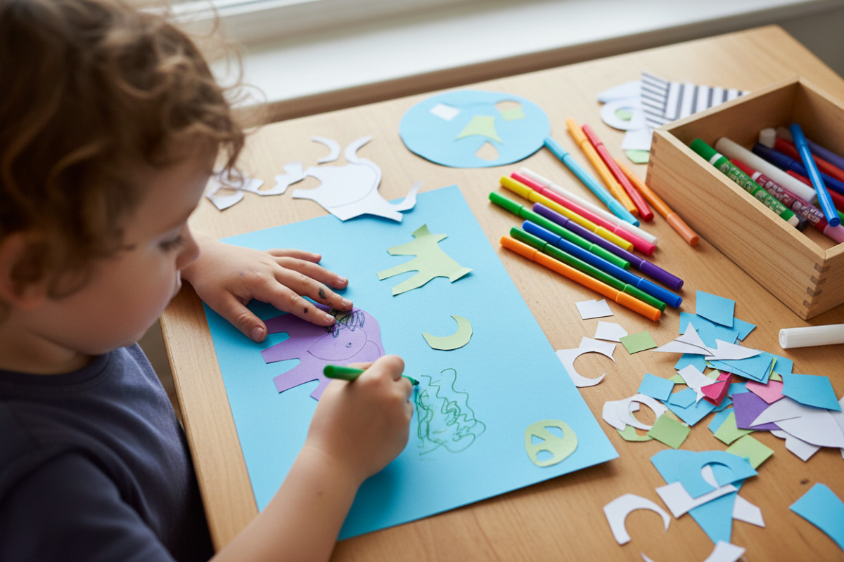 дитина робить аплікацію та малює фломастерами за набором