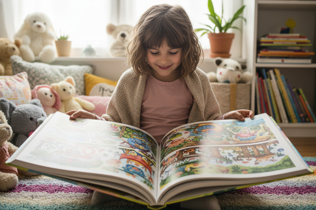 дитина 7–8 років читає книгу з великими ілюстраціями