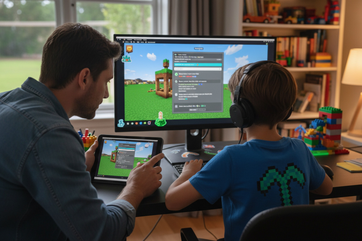 дитина виконує навчальне завдання у Minecraft поруч із дорослим