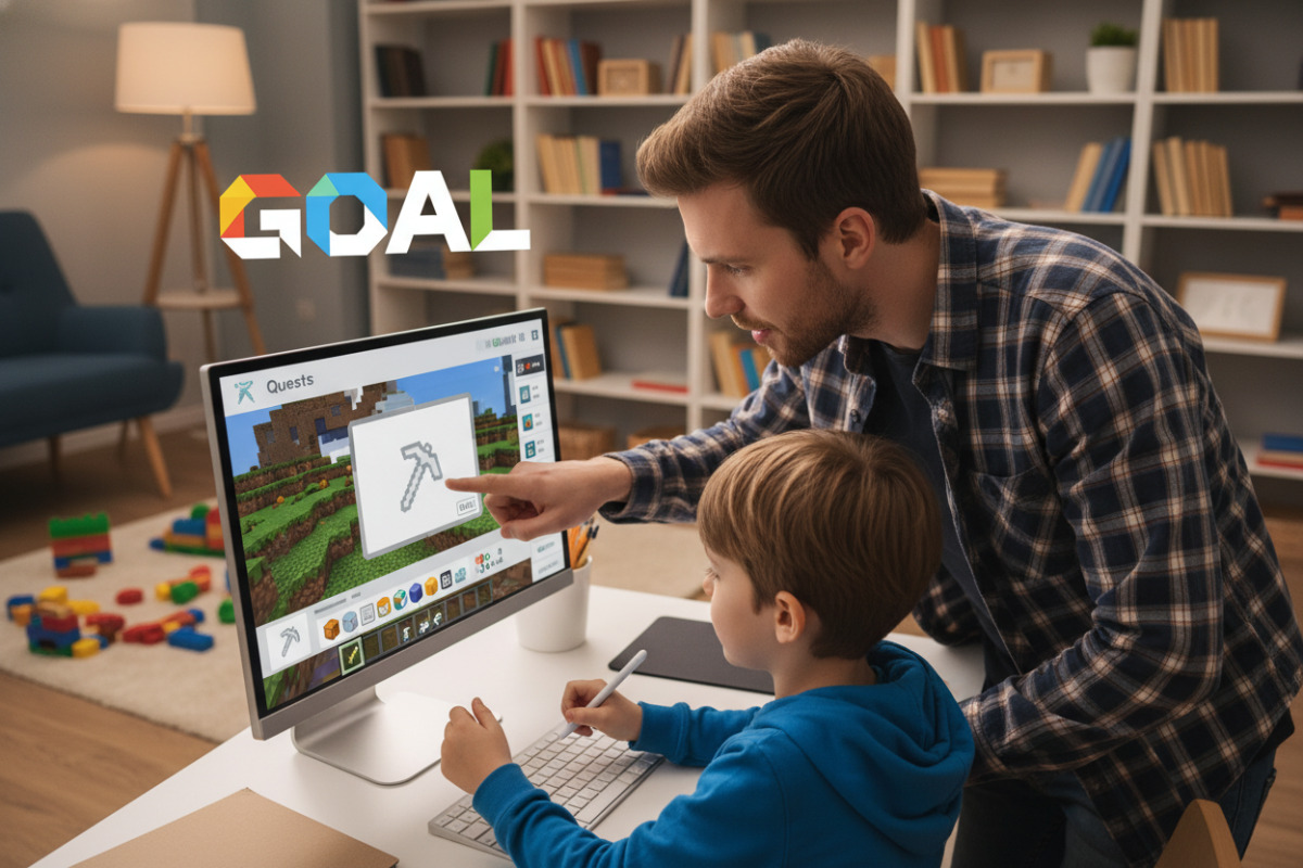 дорослий допомагає дитині поставити навчальну мету перед грою Minecraft