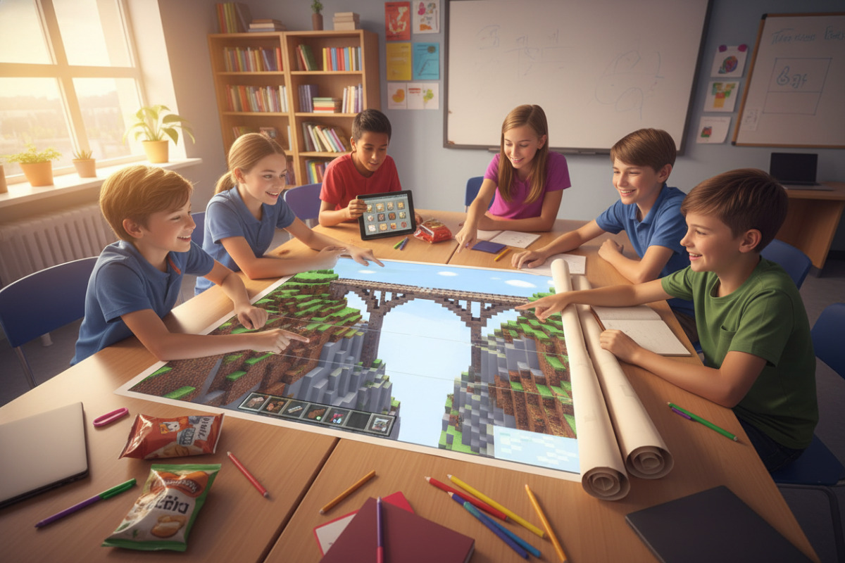 група учнів планує командний проєкт мосту у Minecraft