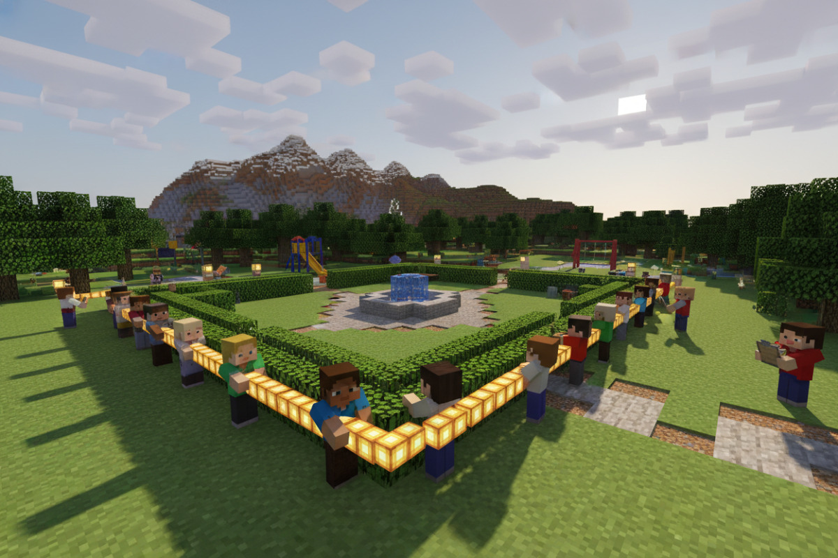 учні вимірюють периметр парку у Minecraft блоками