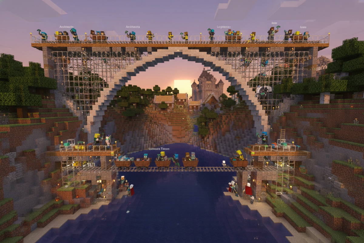 командна побудова мосту з розподілом ролей у Minecraft