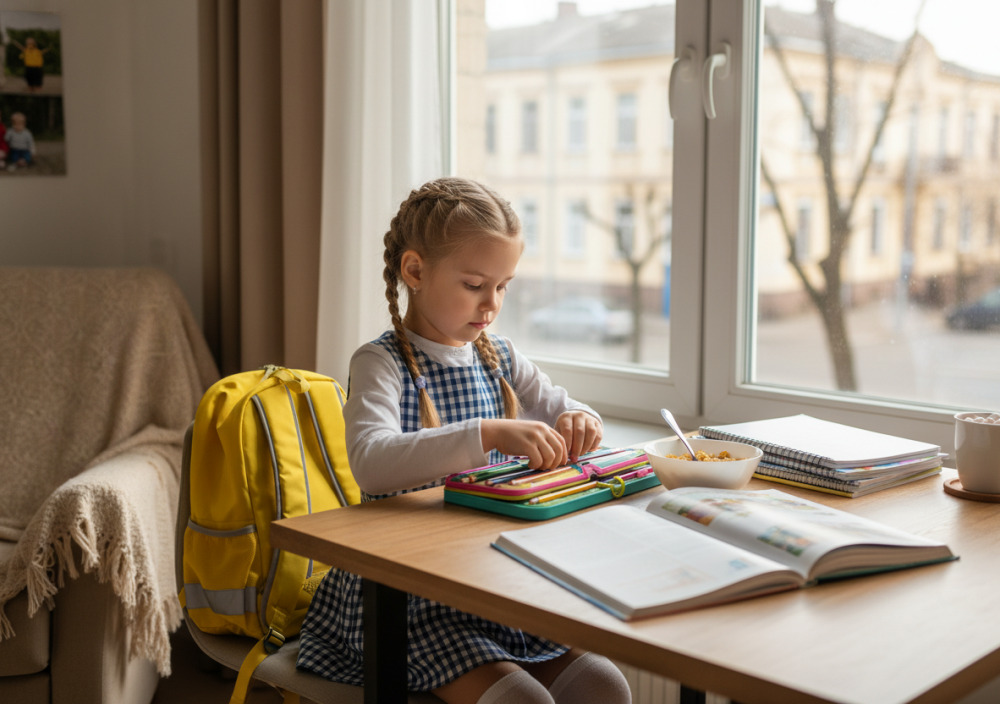Дитина готується до школи зранку вдома
