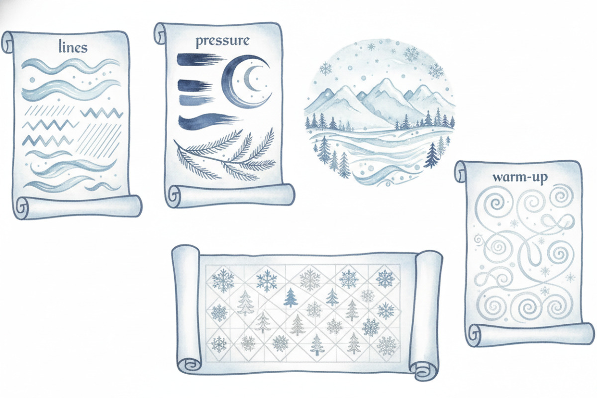 Приклади зимових міні-завдань для каліграфії: лінії, натиск, клітинка, розминка та короткі змістовні тексти