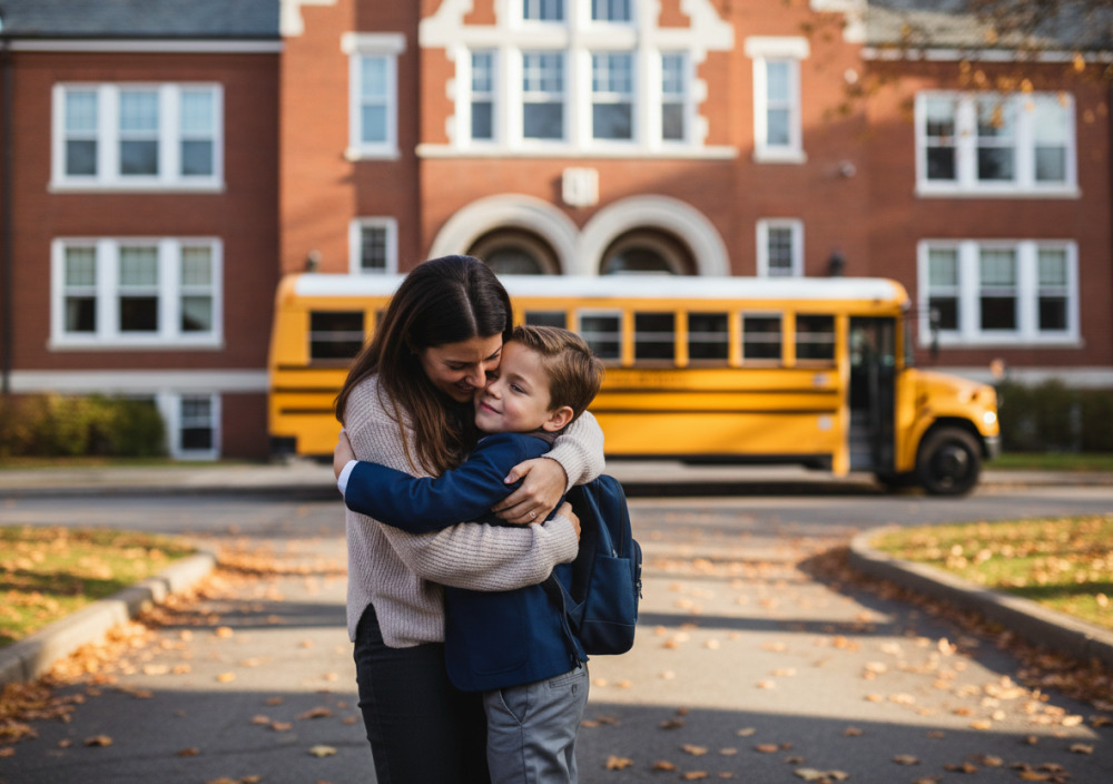Мама проводжає дитину до школи, обіймаючи її