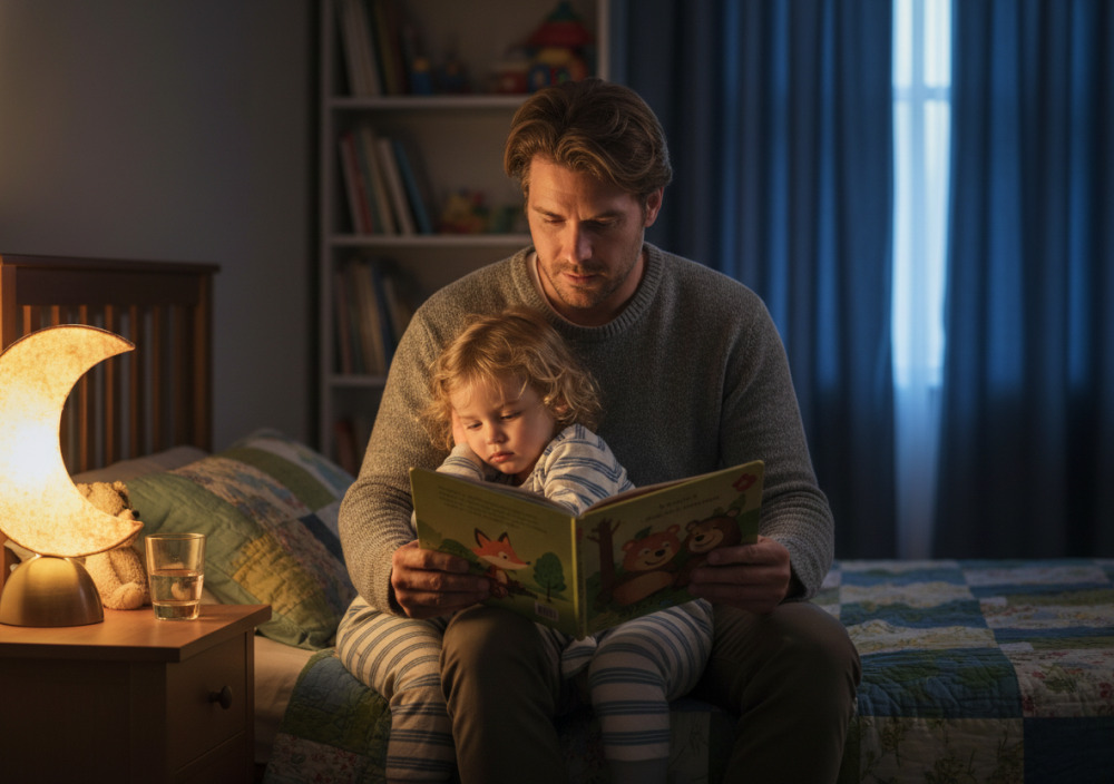 Батько читає дитині книгу перед сном