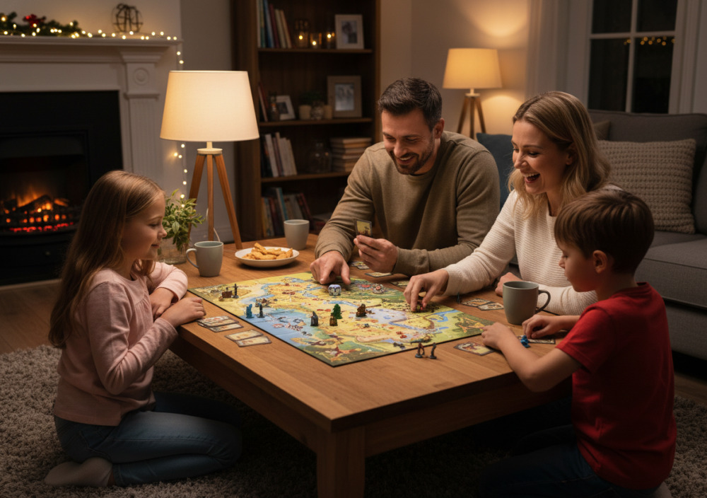 Сім'я грає в настільну гру ввечері