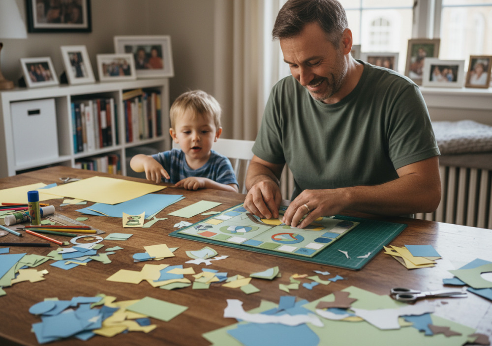 Батько готує настільну гру з паперу