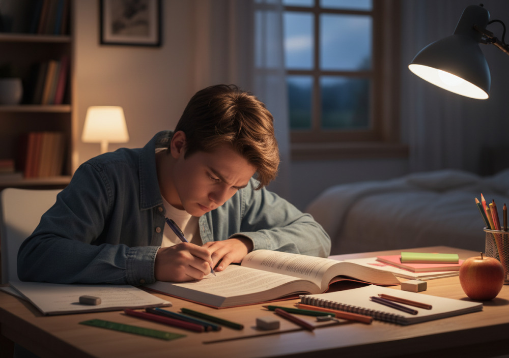 Учень зосереджено виконує домашнє завдання за столом
