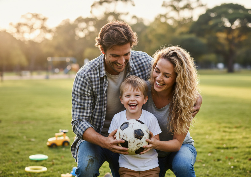 Батьки та дитина посміхаються після гри