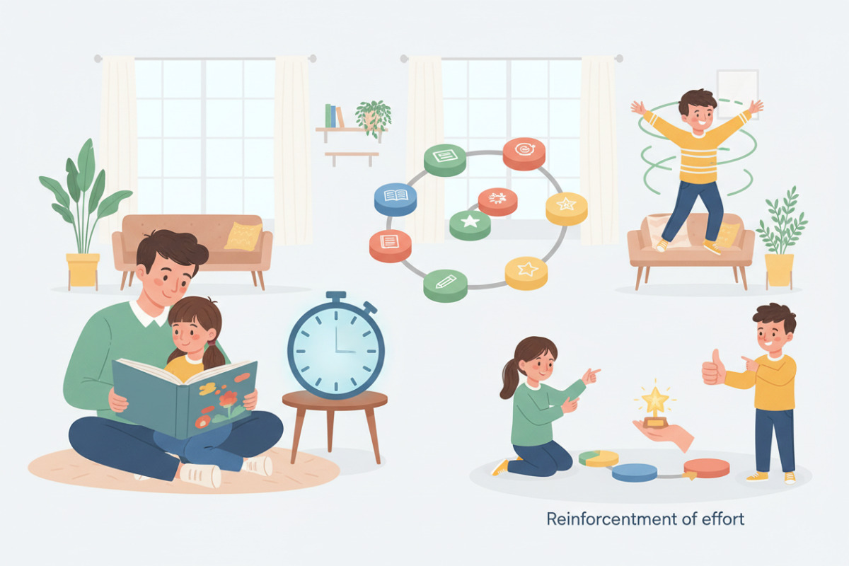 Приклади підтримувальної рутини: читання разом, таймер, план кроків, рухові паузи та підкріплення зусиль