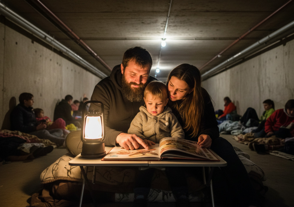 Дитина сидить з батьками в укритті, читають книгу