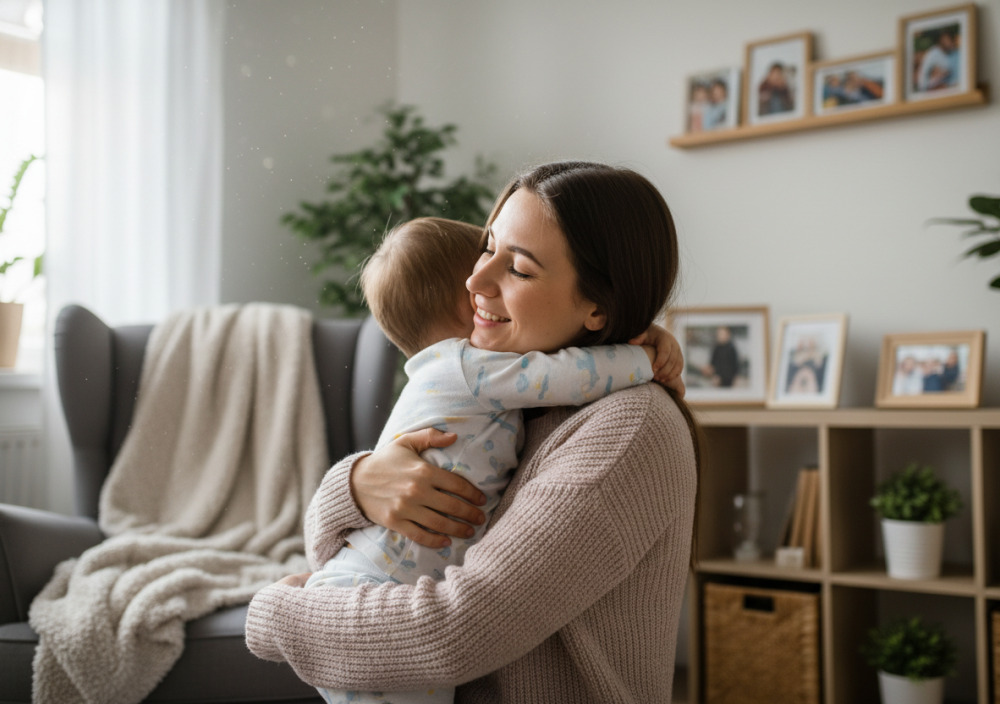 Мама обіймає дитину вдома, вони усміхаються