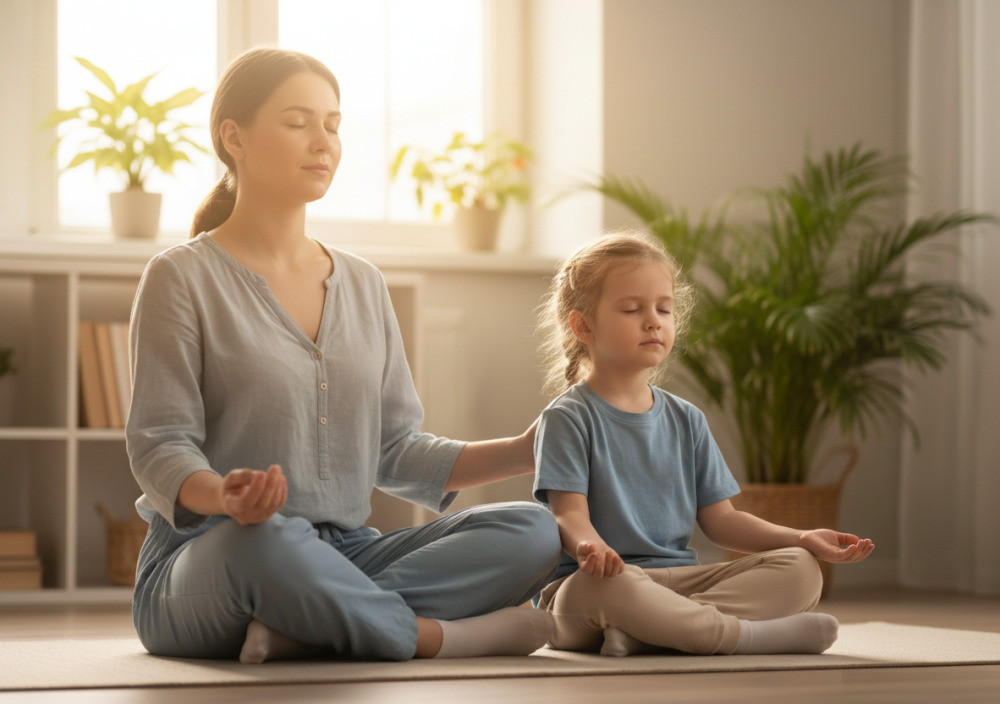 Дитина із закритими очима виконує дихальну вправу разом з мамою