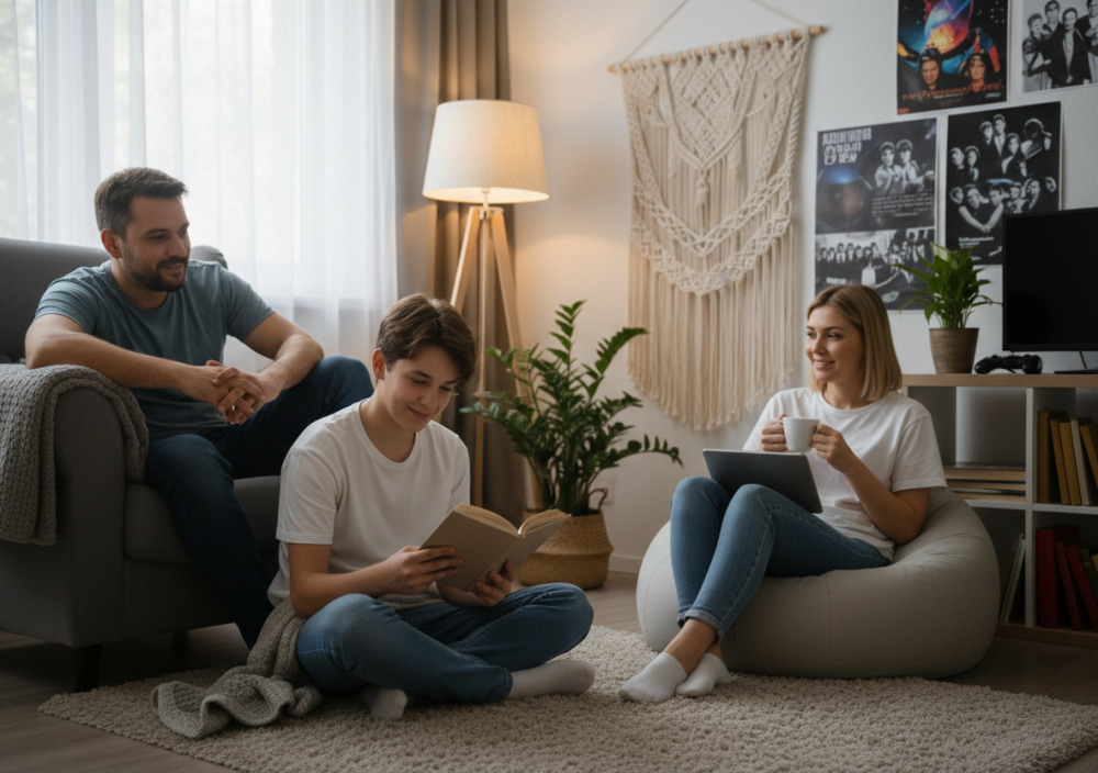 Підліток читає книгу і посміхається, сидячи на підлозі поруч з батьками