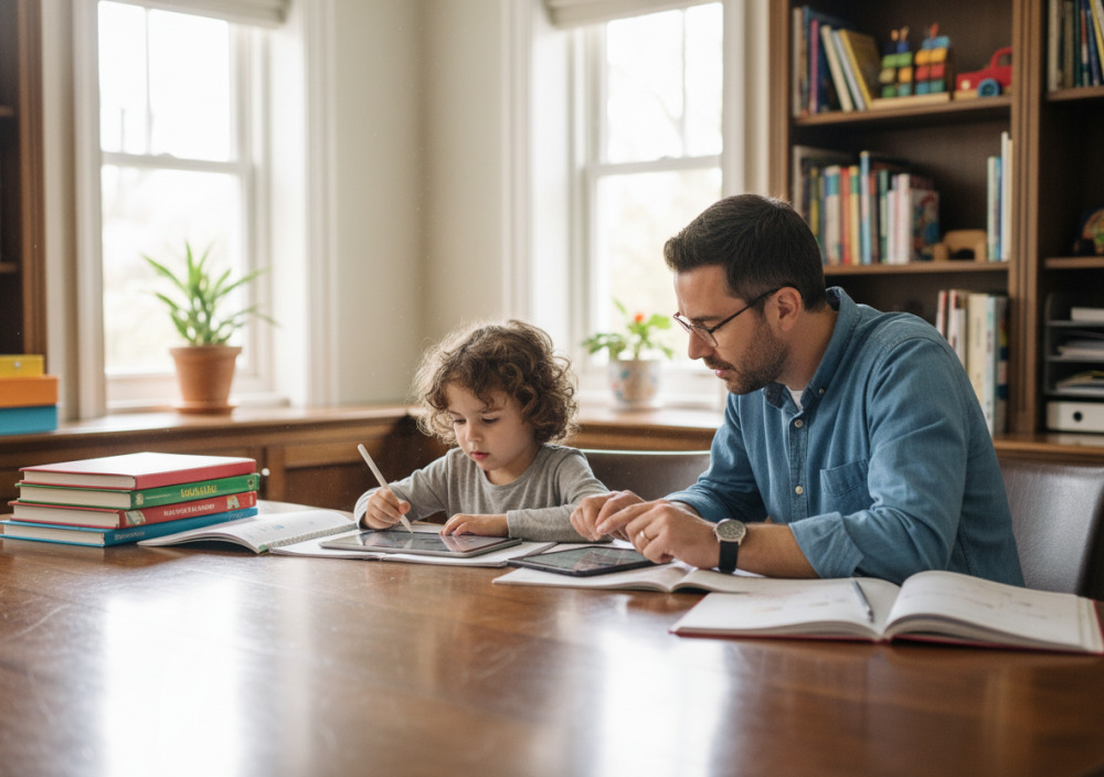 Дитина виконує навчальні завдання на столі поруч з батьком
