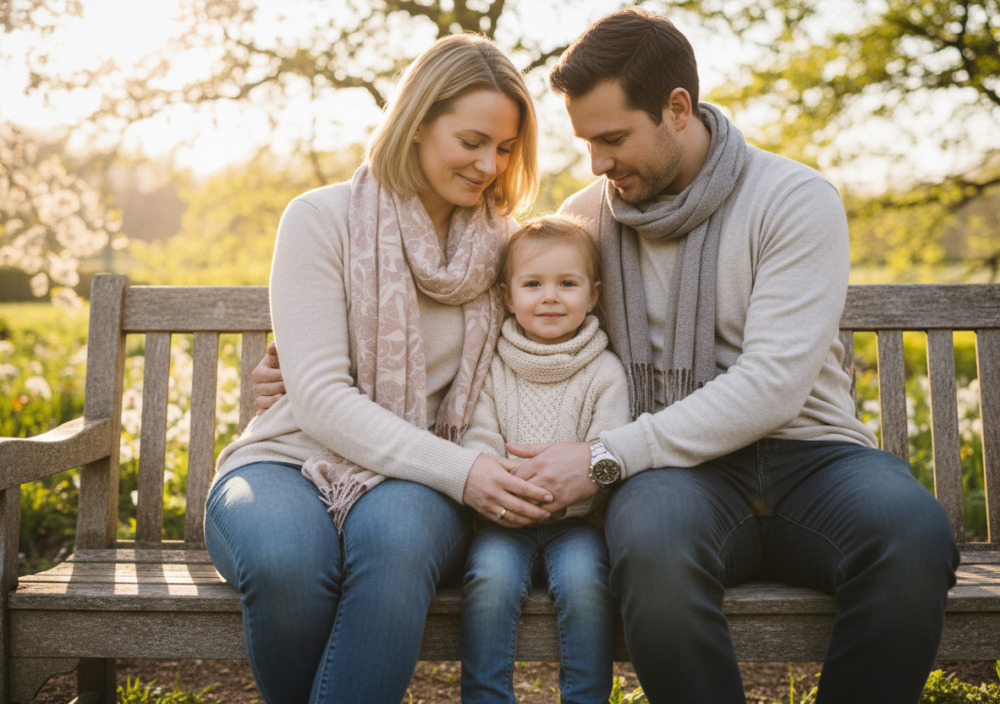 Батьки та дитина тримаються за руки, сидячи поруч