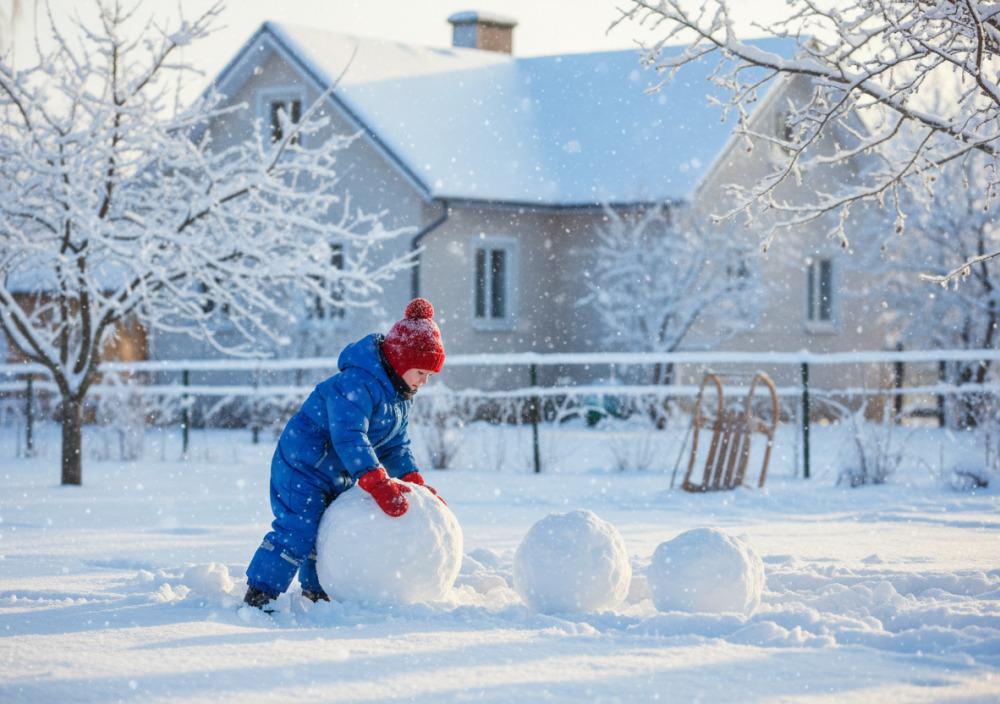 Дитина ліпить сніговика на подвір'ї взимку