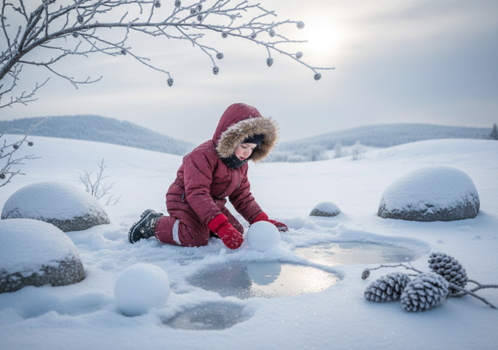Дитина шукає круглі предмети серед зимового пейзажу