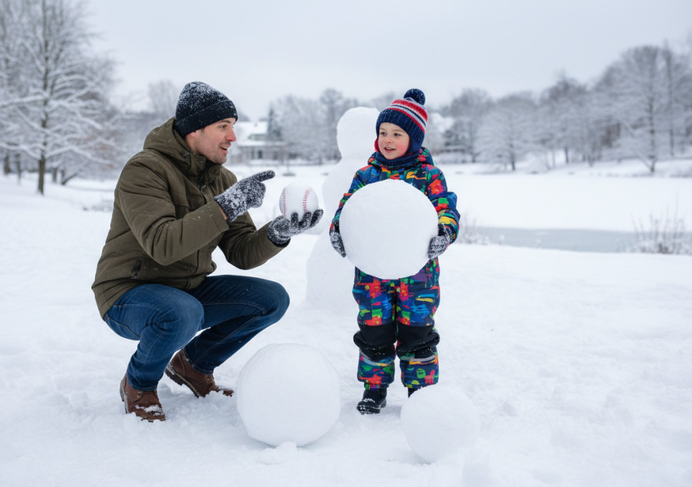 Батько з дитиною порівнюють розміри снігових куль