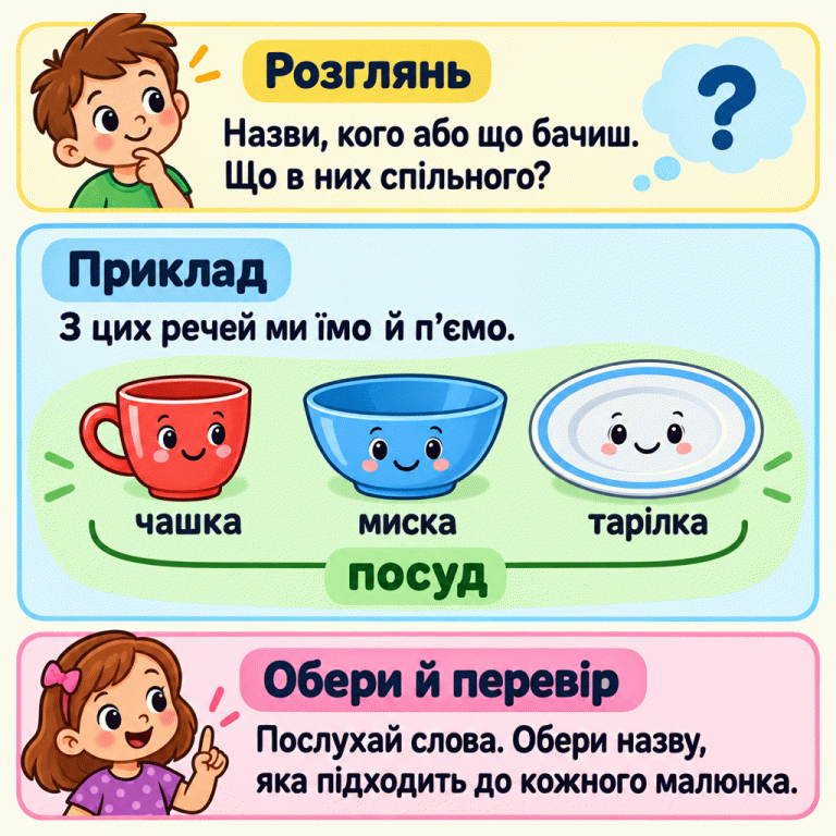 Навчальний приклад: чашка, миска й тарілка мають спільну назву «посуд». Із посуду ми їмо й п’ємо. Щоб виконати завдання, назви зображене, подумай, що в нього спільного, і вибери слово, яке підходить до кожного малюнка. Розглянь: Назви, кого або що бачиш. Що в них спільного? Приклад: З цих речей ми їмо й п’ємо. Обери й перевір: Послухай слова. Обери назву, яка підходить до кожного малюнка. чашка миска тарілка посуд ?