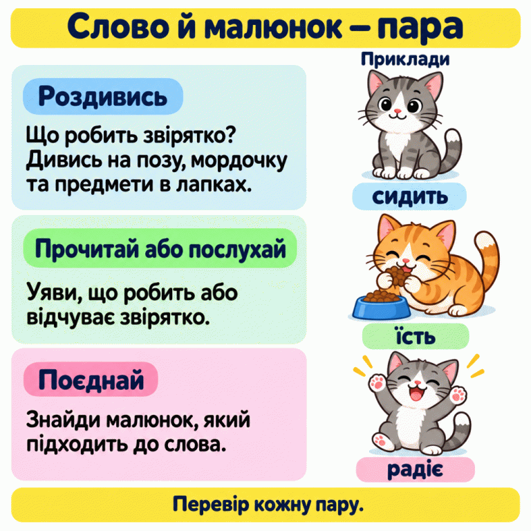 Картка вчить поєднувати слова й малюнки: роздивись звірятко, прочитай або послухай слово та знайди відповідну картинку. Три навчальні приклади: киця сидить, киця їсть, киця радіє. Під кожною кицею стоїть відповідне слово. Унизу нагадування перевірити кожну пару. Слово й малюнок — пара Роздивись: Що робить звірятко? Дивись на позу, мордочку та предмети в лапках. Прочитай або послухай: Уяви, що робить або відчуває звірятко. Поєднай: Знайди малюнок, який підходить до слова. Перевір кожну пару. Приклади сидить їсть радіє